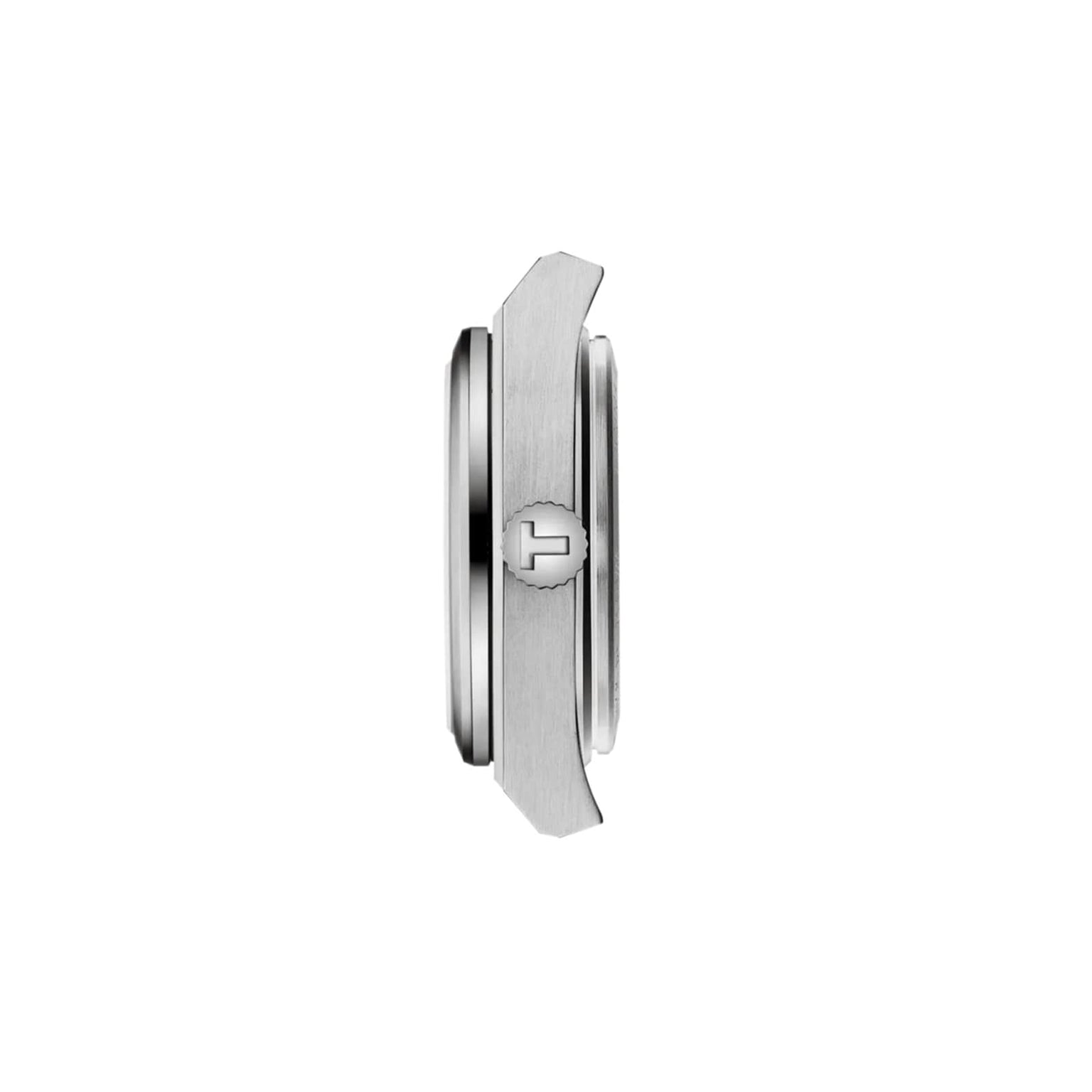 Side profile view of the Tissot PRX silver wristwatch case with a crown engraved with the T logo and sapphire crystal, set against a plain white background.
