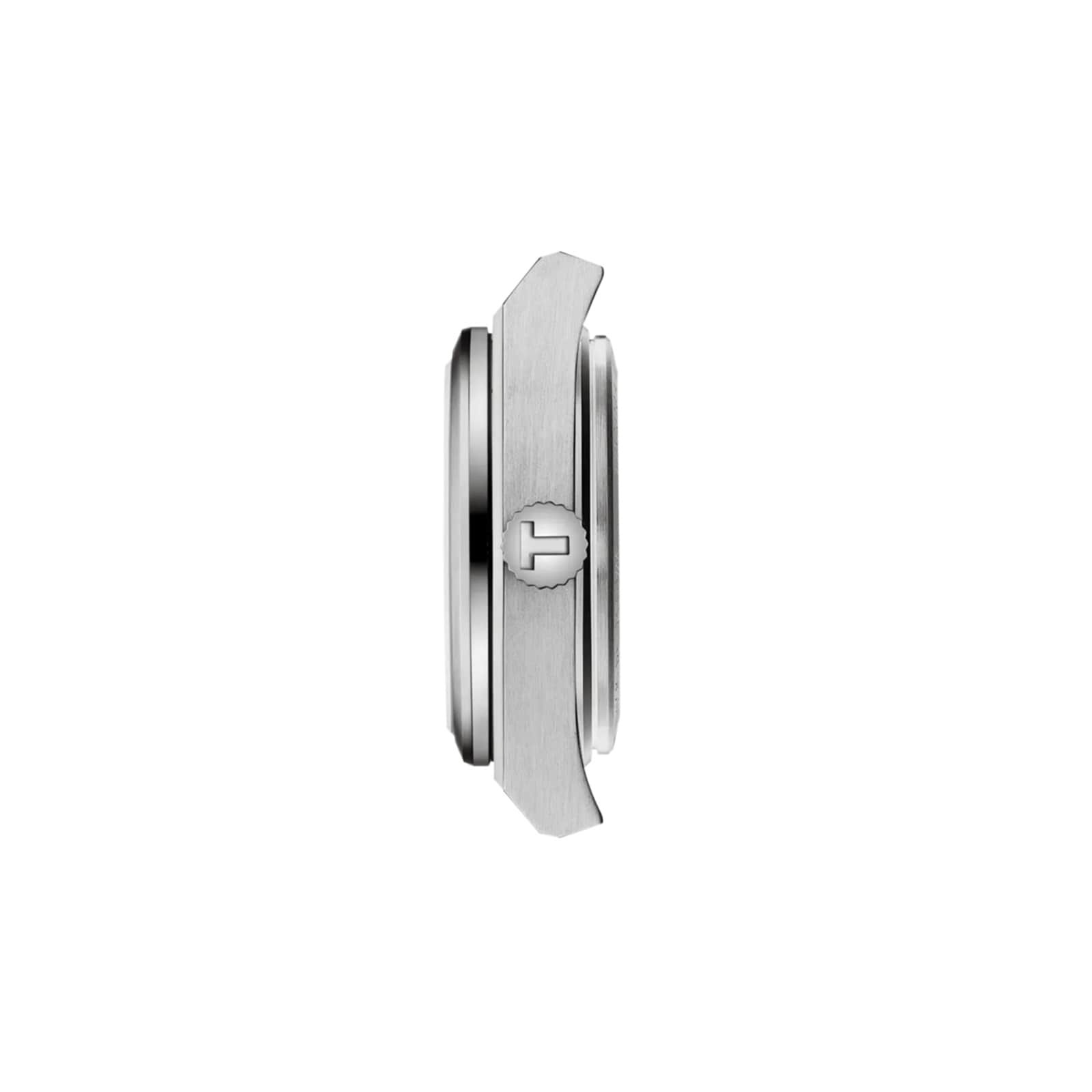 Side profile view of the Tissot PRX silver wristwatch case with a crown engraved with the T logo and sapphire crystal, set against a plain white background.