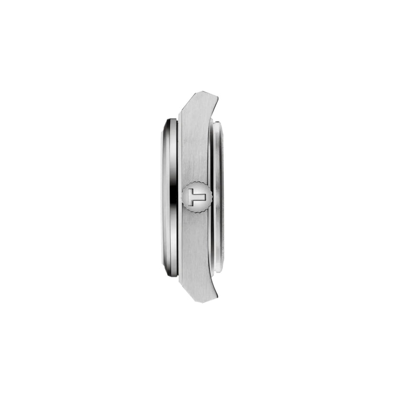 Side profile view of the Tissot PRX silver wristwatch case with a crown engraved with the T logo and sapphire crystal, set against a plain white background.
