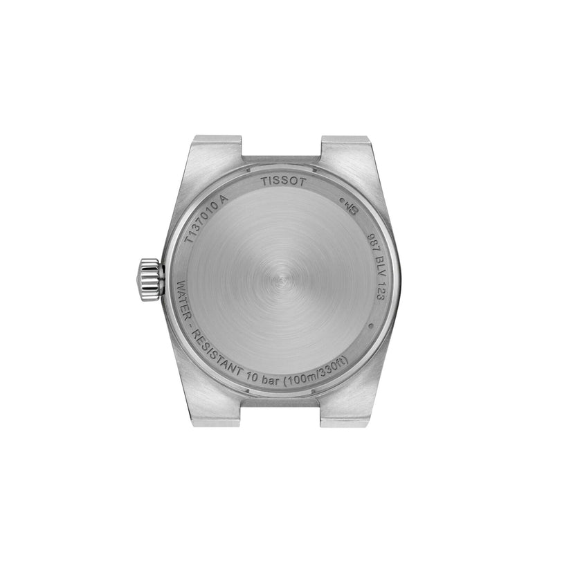 Back view of the Tissot PRX watch case displays a modern-vintage look with a brushed metal finish, engraved details, sapphire crystal, and a left-side crown.