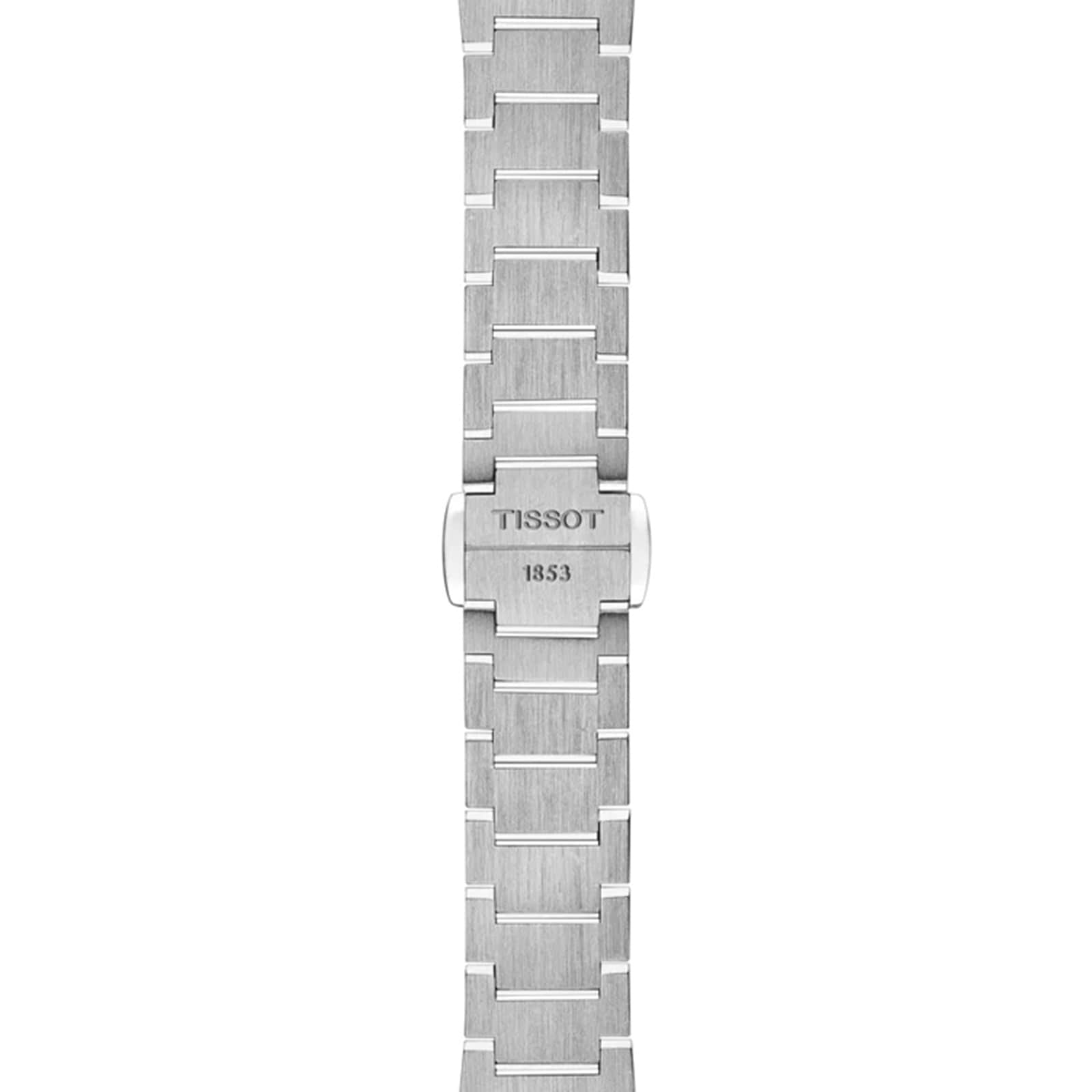 The Tissot PRX stainless steel watch bracelet features a clasp engraved with Tissot 1853, displayed vertically on a white background, highlighting the brand’s modern-vintage style.