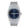 A silver Tissot PRX UFO Robot Grendizer watch with a blue dial featuring an outlined Grendizer logo.