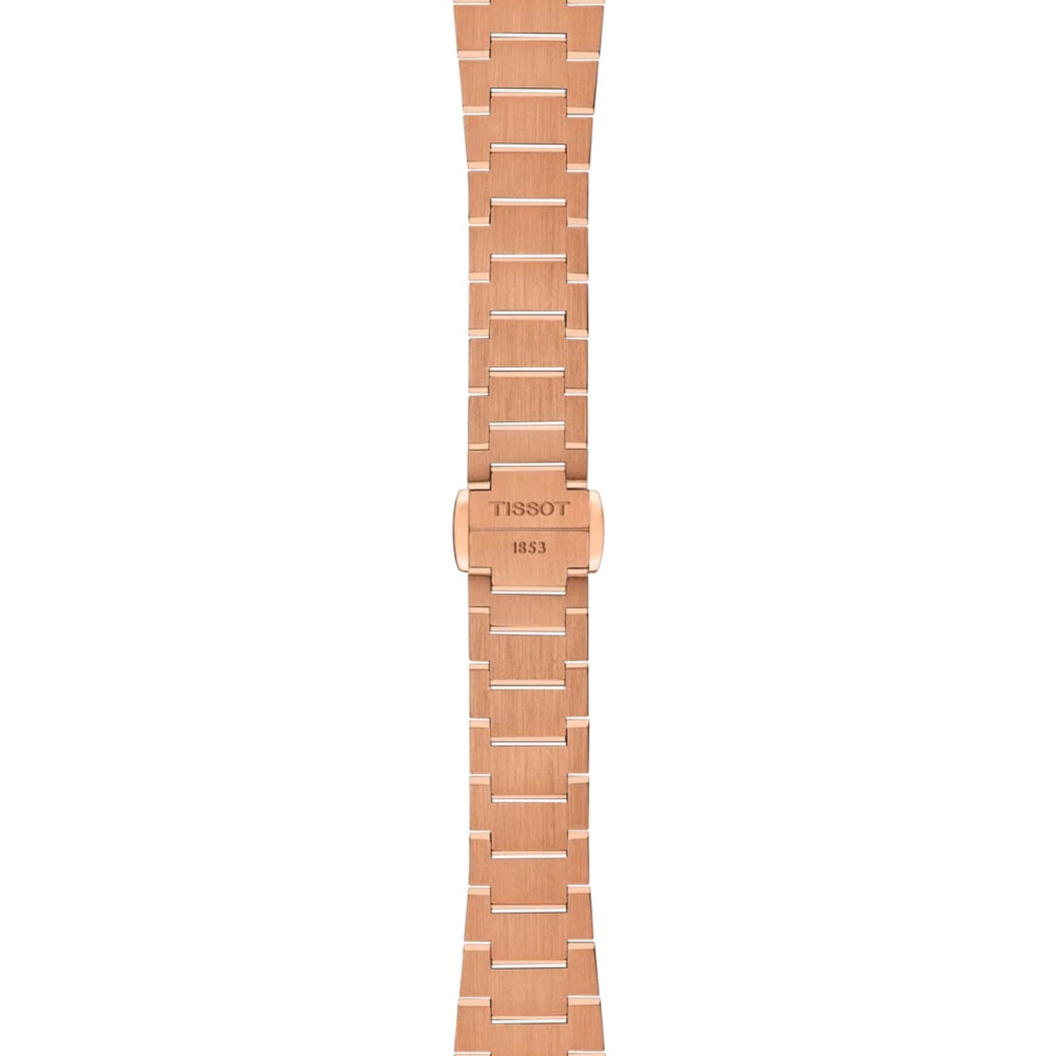 The Tissot PRX features a rose-gold PVD metal bracelet with a brushed finish and a clasp engraved with Tissot 1853.