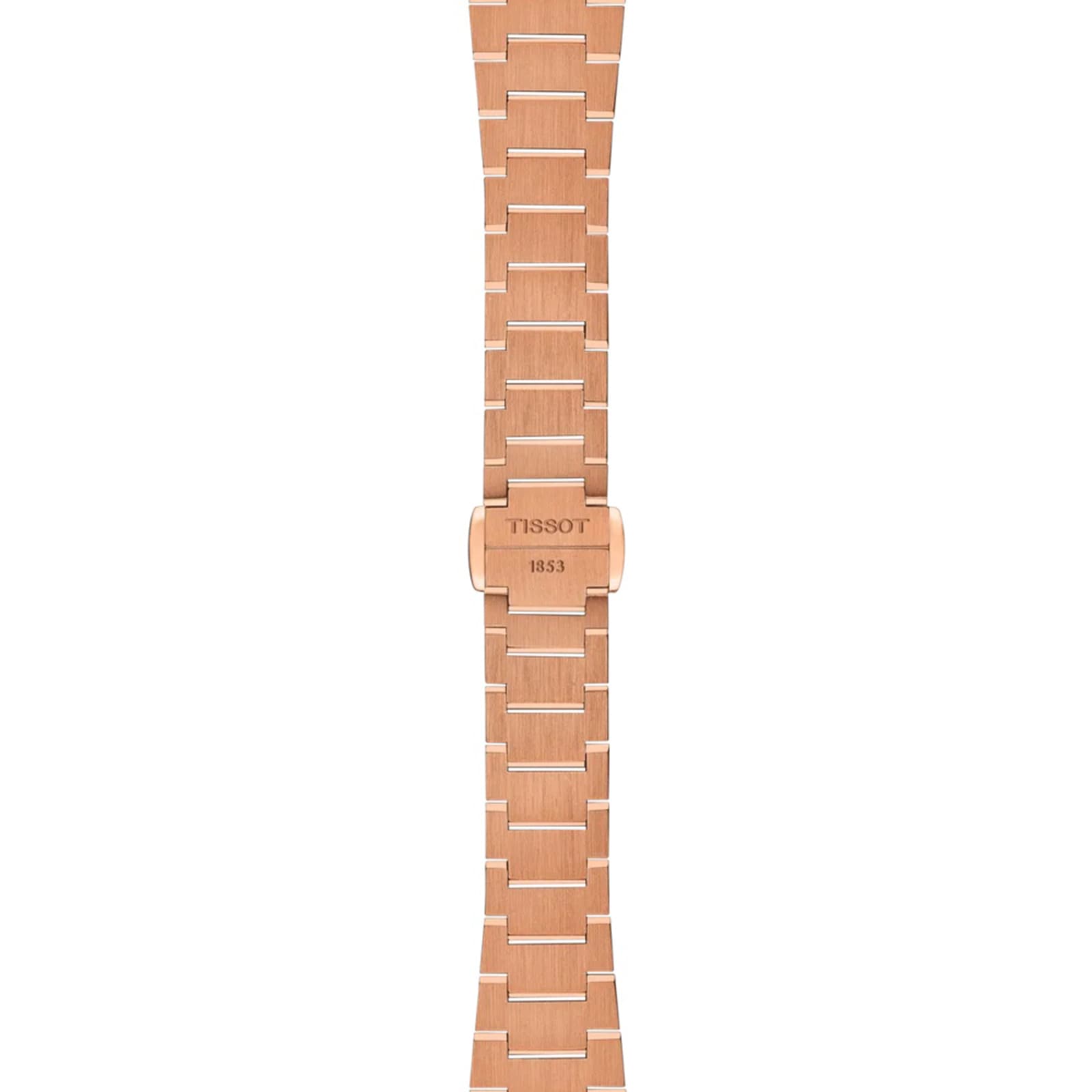 The Tissot PRX features a rose-gold PVD metal bracelet with a brushed finish and a clasp engraved with Tissot 1853.