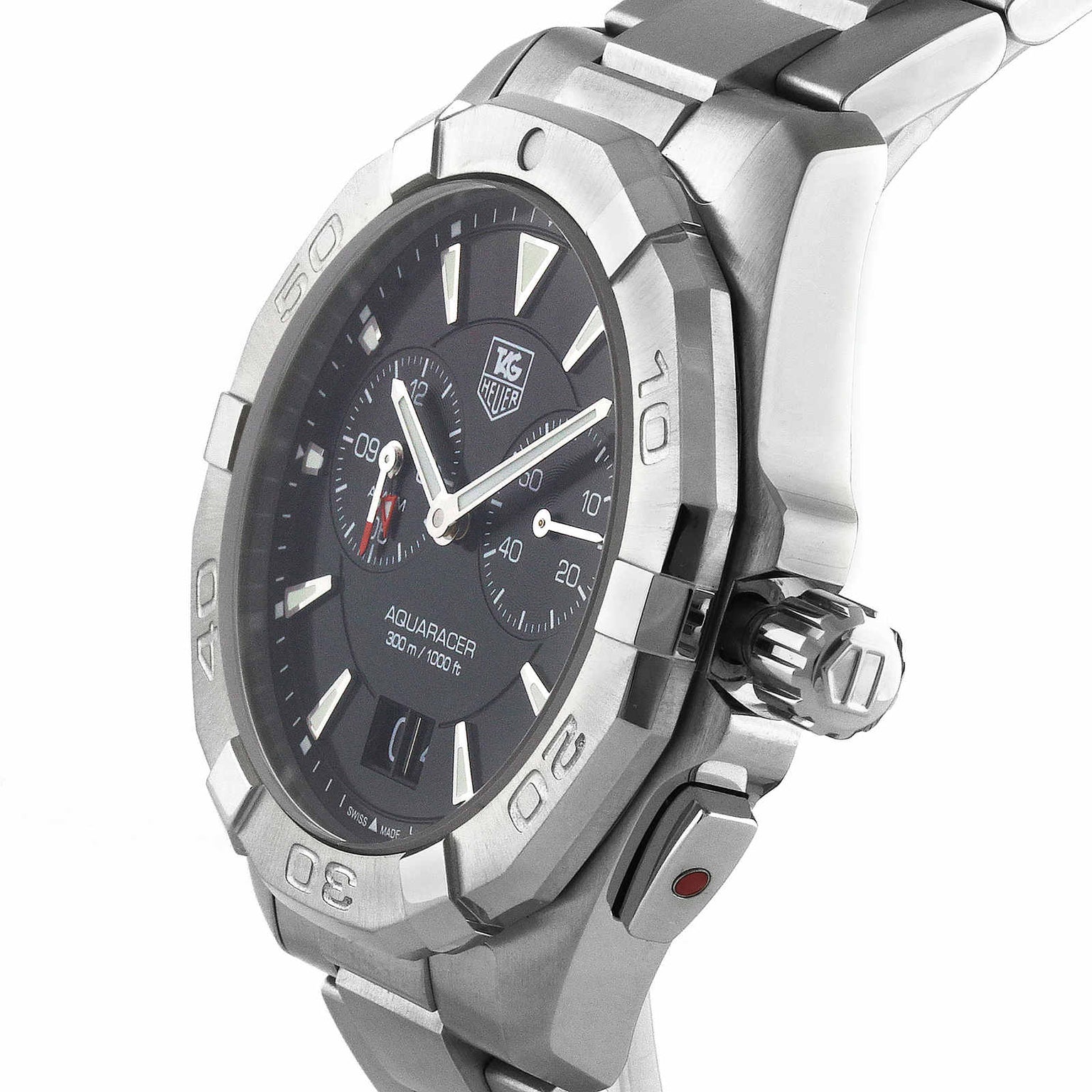 Close-up of the TAG Heuer Aquaracer sports watch in stainless steel, featuring a black dial, rotating bezel, chronograph functions, and notable water resistance.