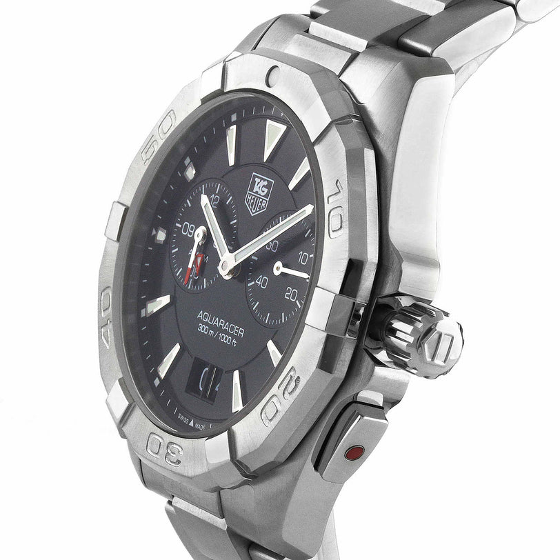 Close-up of the TAG Heuer Aquaracer sports watch in stainless steel, featuring a black dial, rotating bezel, chronograph functions, and notable water resistance.
