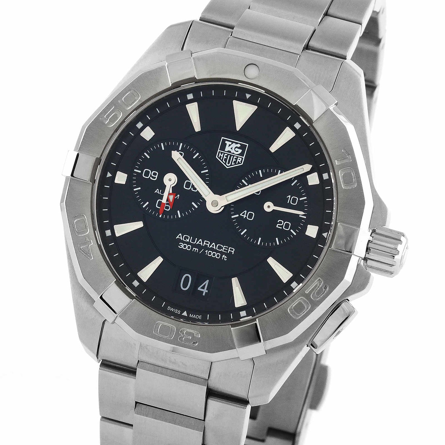 The TAG Heuer Aquaracer is a stainless steel sports watch with a black dial, luminescent hands, subdials, date window, and 300m (1000ft) water resistance.