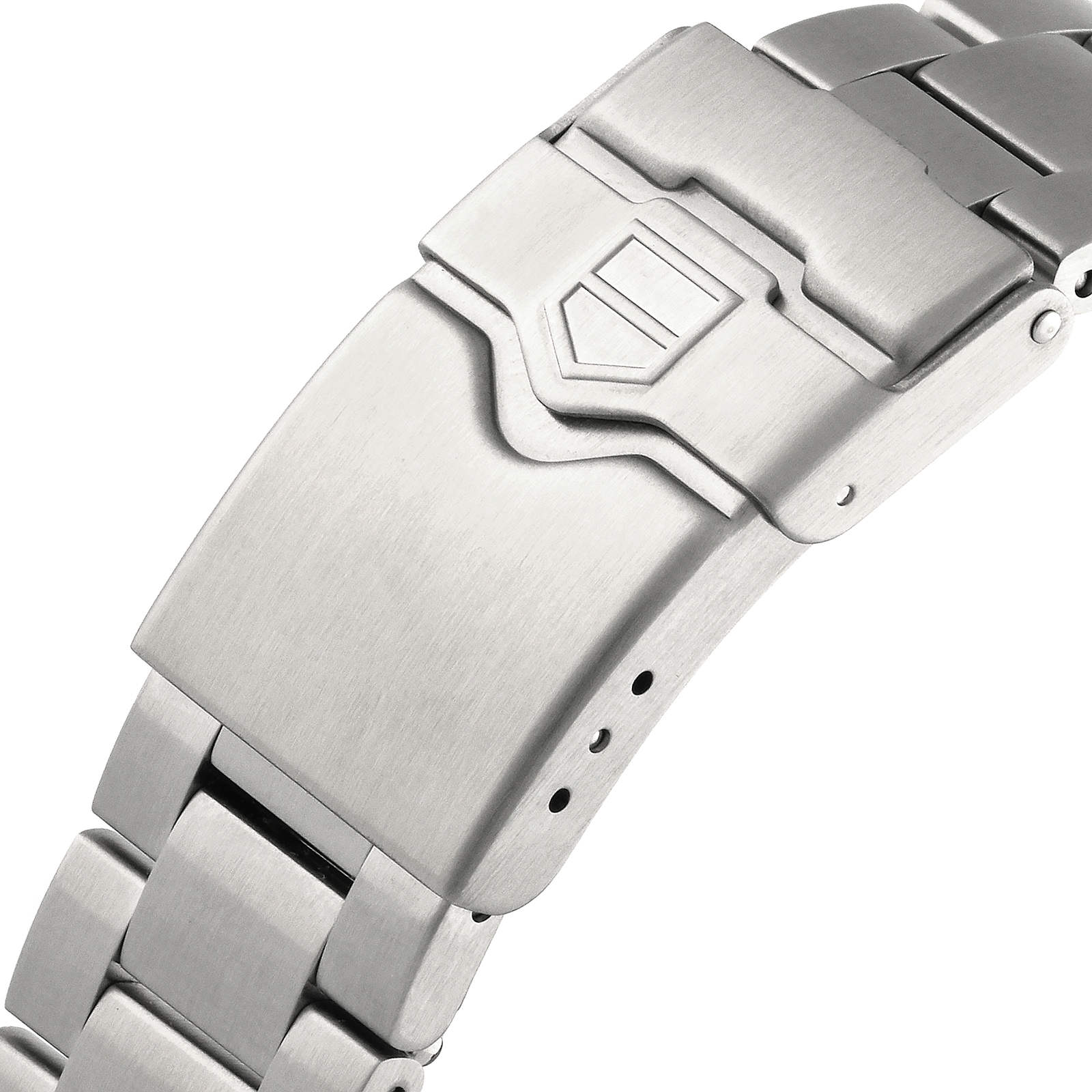 Close-up of a TAG Heuer Formula 1 Date stainless steel bracelet clasp featuring a brushed finish, engraved shield logo, and sturdy design to complement its robust stainless steel case.
