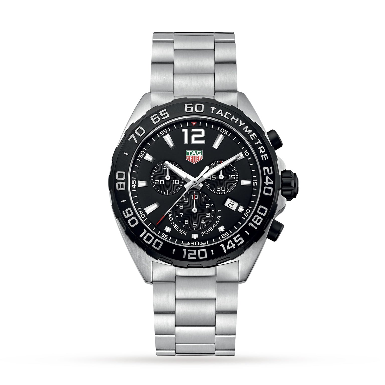 A TAG Heuer Formula 1 Chronograph wristwatch with a black dial, tachymeter bezel, three subdials, and a stainless steel link bracelet is displayed against a white background.