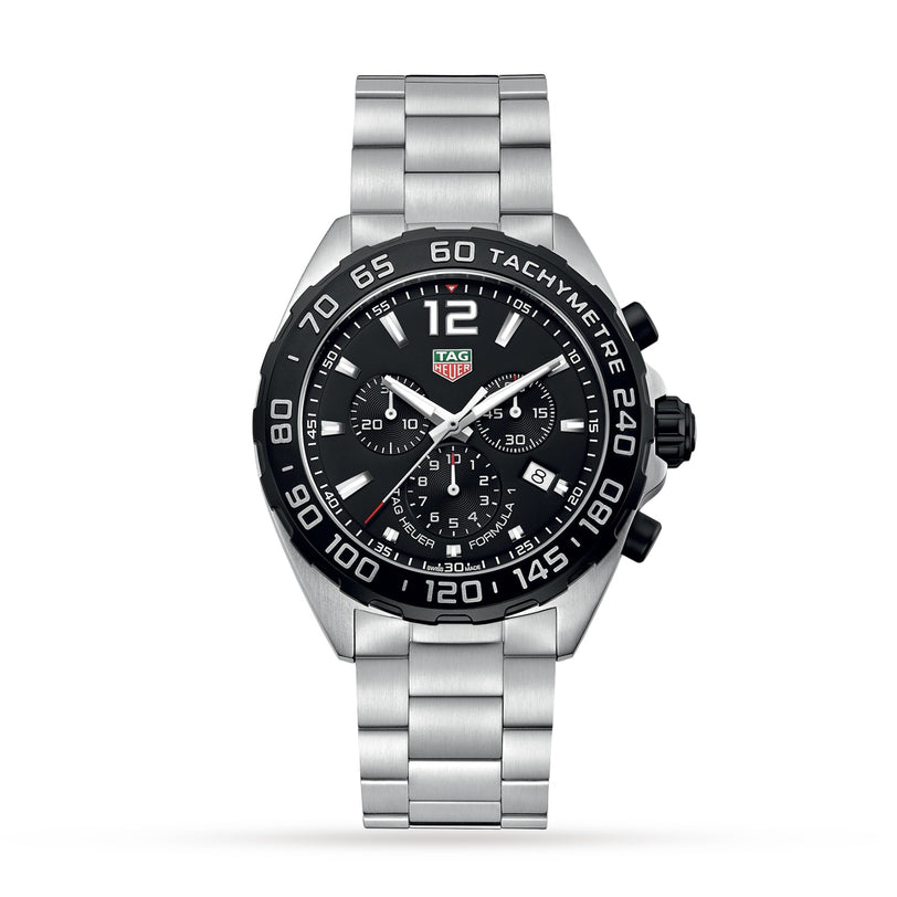 A TAG Heuer Formula 1 Chronograph wristwatch with a black dial, tachymeter bezel, three subdials, and a stainless steel link bracelet is displayed against a white background.