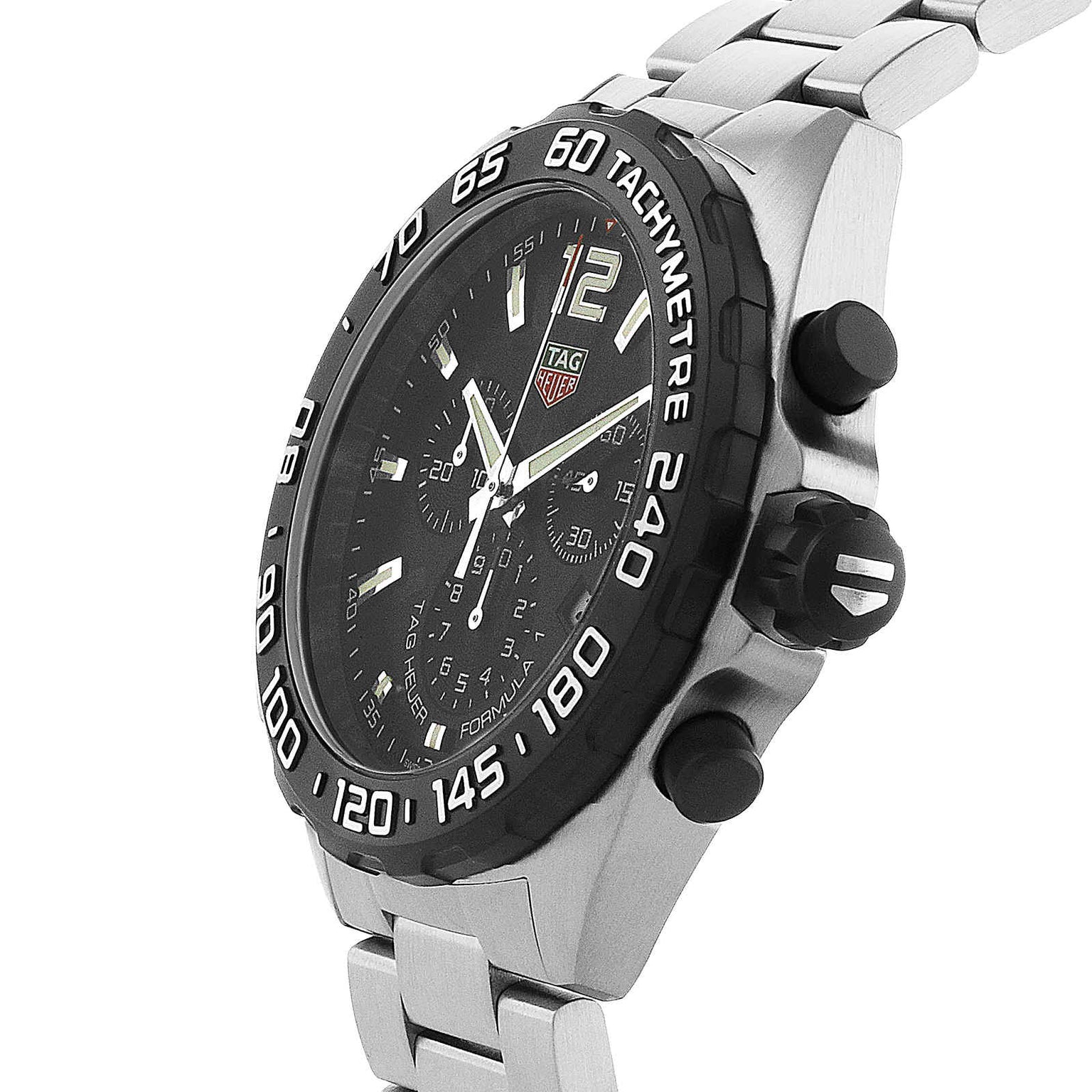The TAG Heuer Formula 1 Chronograph features a black tachymeter bezel, black dial with three subdials, chronograph functions, and a stainless steel link bracelet.