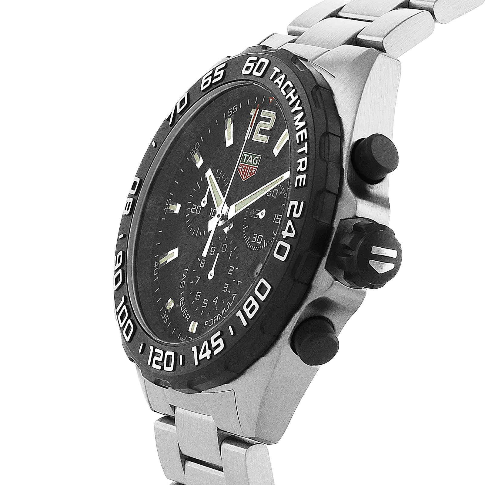 The TAG Heuer Formula 1 Chronograph features a black tachymeter bezel, black dial with three subdials, chronograph functions, and a stainless steel link bracelet.
