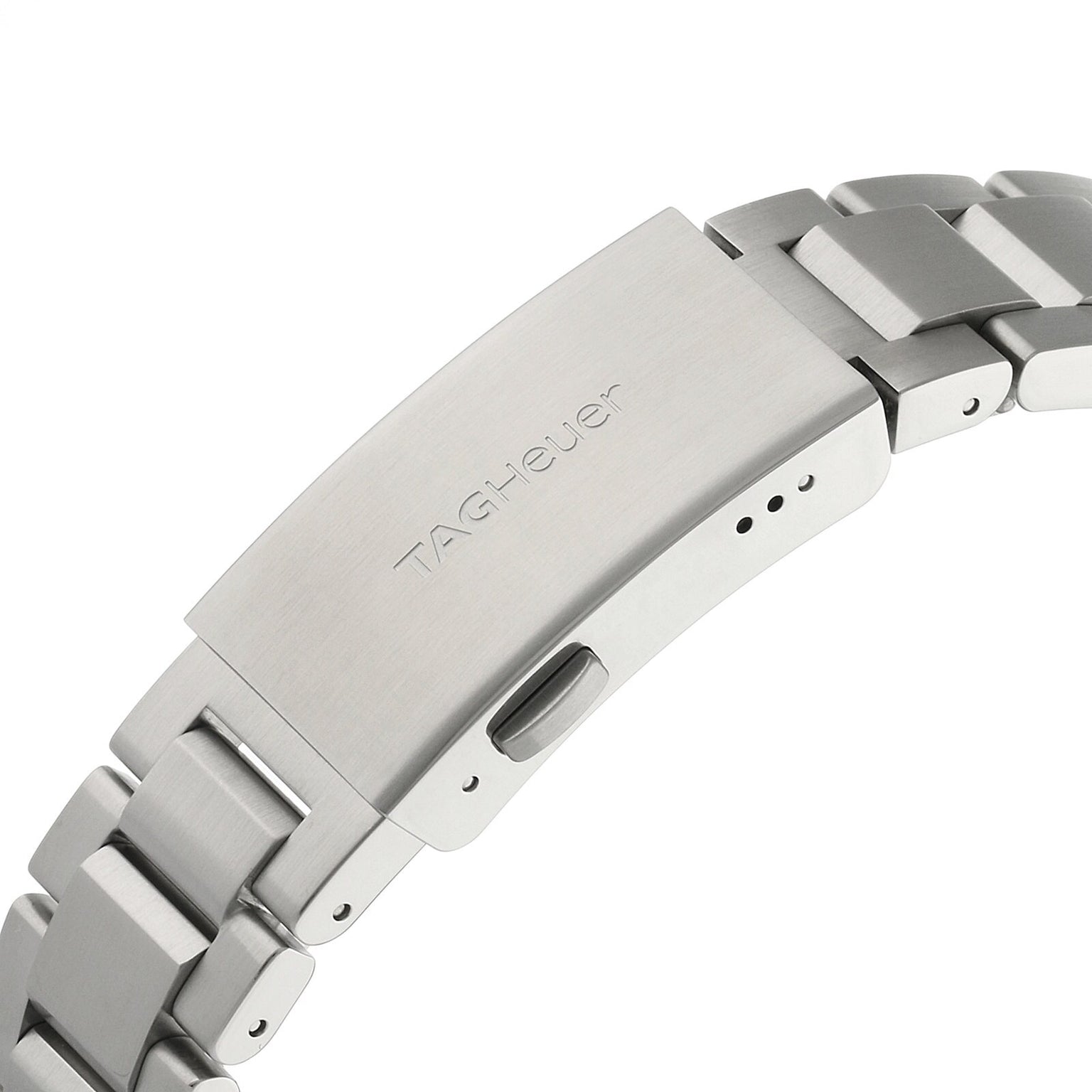 Close-up of the TAG Heuer Formula 1 Chronographs silver metal bracelet clasp with engraved logo and adjustment holes.