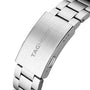 Close-up of a silver watch band with 'TAG Heuer' engraving on a white background