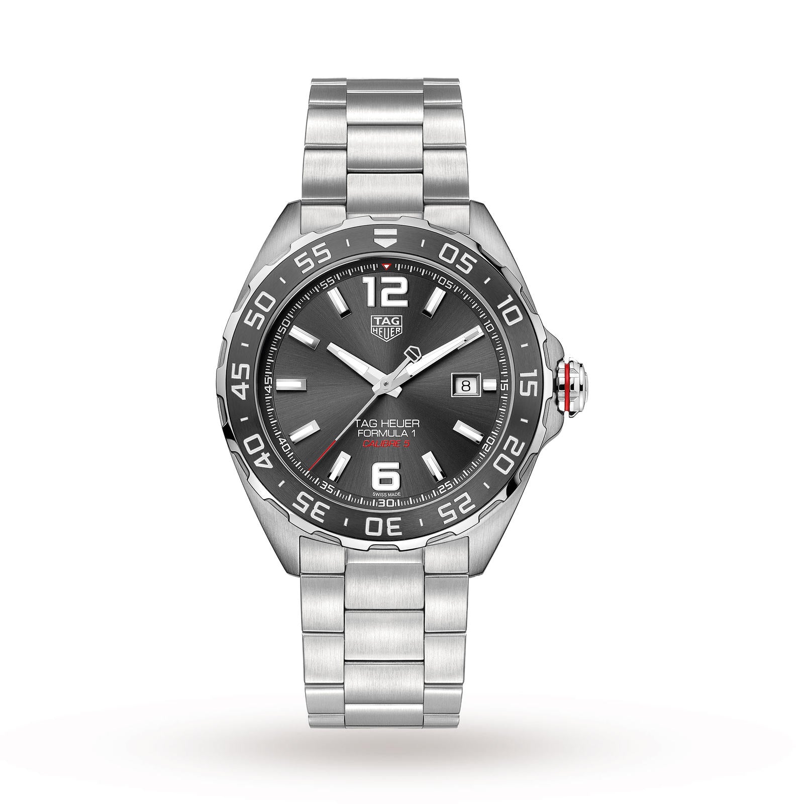 The TAG Heuer Formula 1 Date is a stainless steel wristwatch featuring a black dial, tachymeter bezel, date display at 3 o’clock, and a brushed metal bracelet.