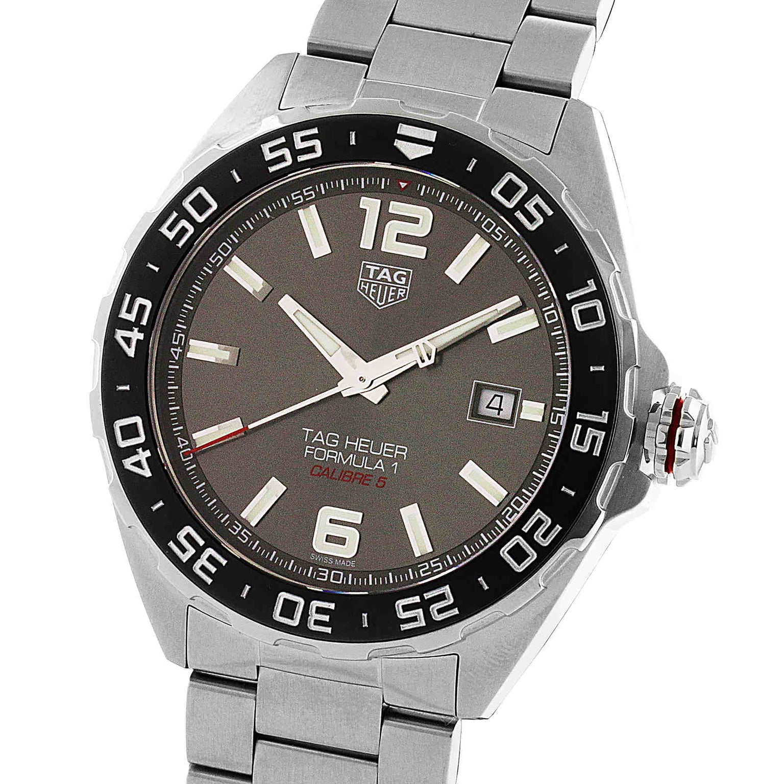 The TAG Heuer Formula 1 Date features automatic movement, a stainless steel case, black tachymeter bezel, grey dial, date at 3 o’clock, and silver hour markers and hands.
