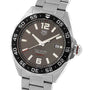 The TAG Heuer Formula 1 Date features automatic movement, a stainless steel case, black tachymeter bezel, grey dial, date at 3 o’clock, and silver hour markers and hands.