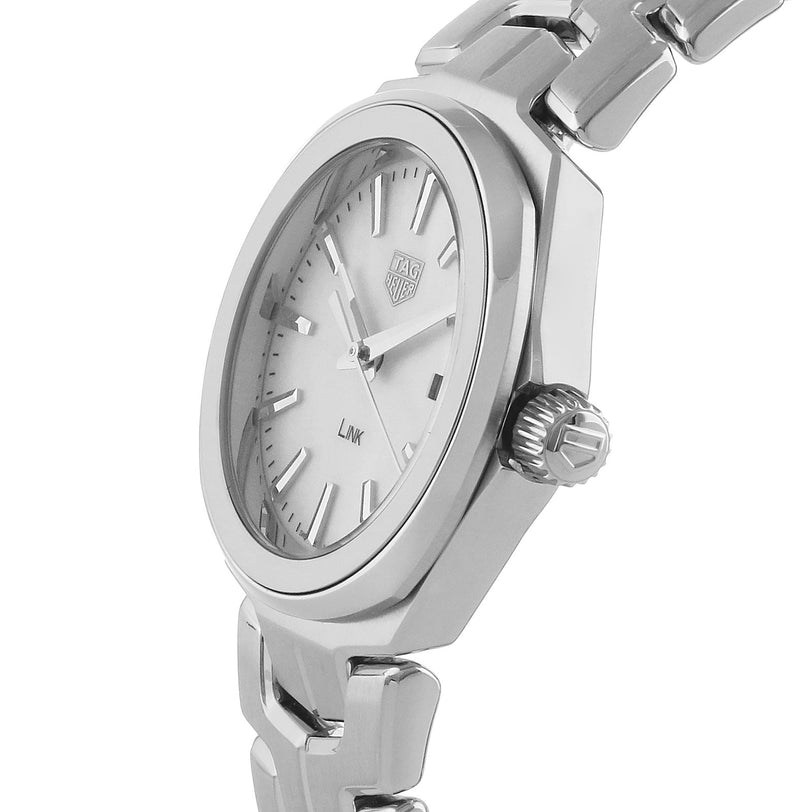 Close-up of the TAG Heuer Link Date, featuring a silver round case, mother-of-pearl dial with TAG Heuer branding, iconic S-shaped bracelet, and crown on the right.
