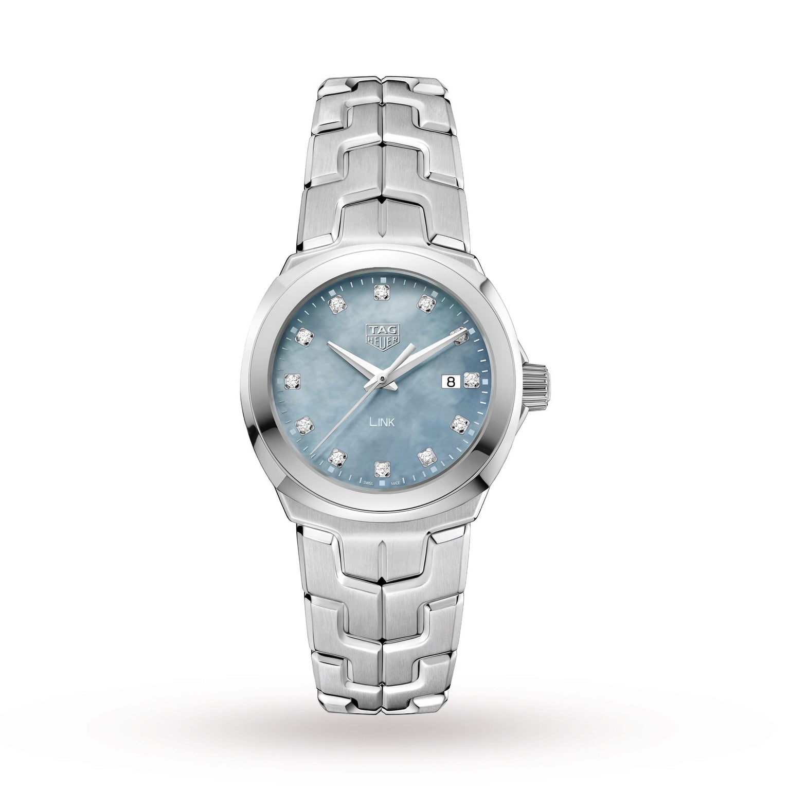 The TAG Heuer Link Date is a refined ladies’ automatic watch featuring a blue mother-of-pearl dial, silver markers, diamond indices, date at 3 o’clock, and a stainless steel bracelet.