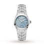 The TAG Heuer Link Date is a refined ladies’ automatic watch featuring a blue mother-of-pearl dial, silver markers, diamond indices, date at 3 o’clock, and a stainless steel bracelet.