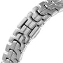 Close-up view of a silver metal bracelet with interlocking rectangular links in a zigzag pattern, designed for the TAG Heuer Link Date womens watch featuring an elegant mother of pearl dial.