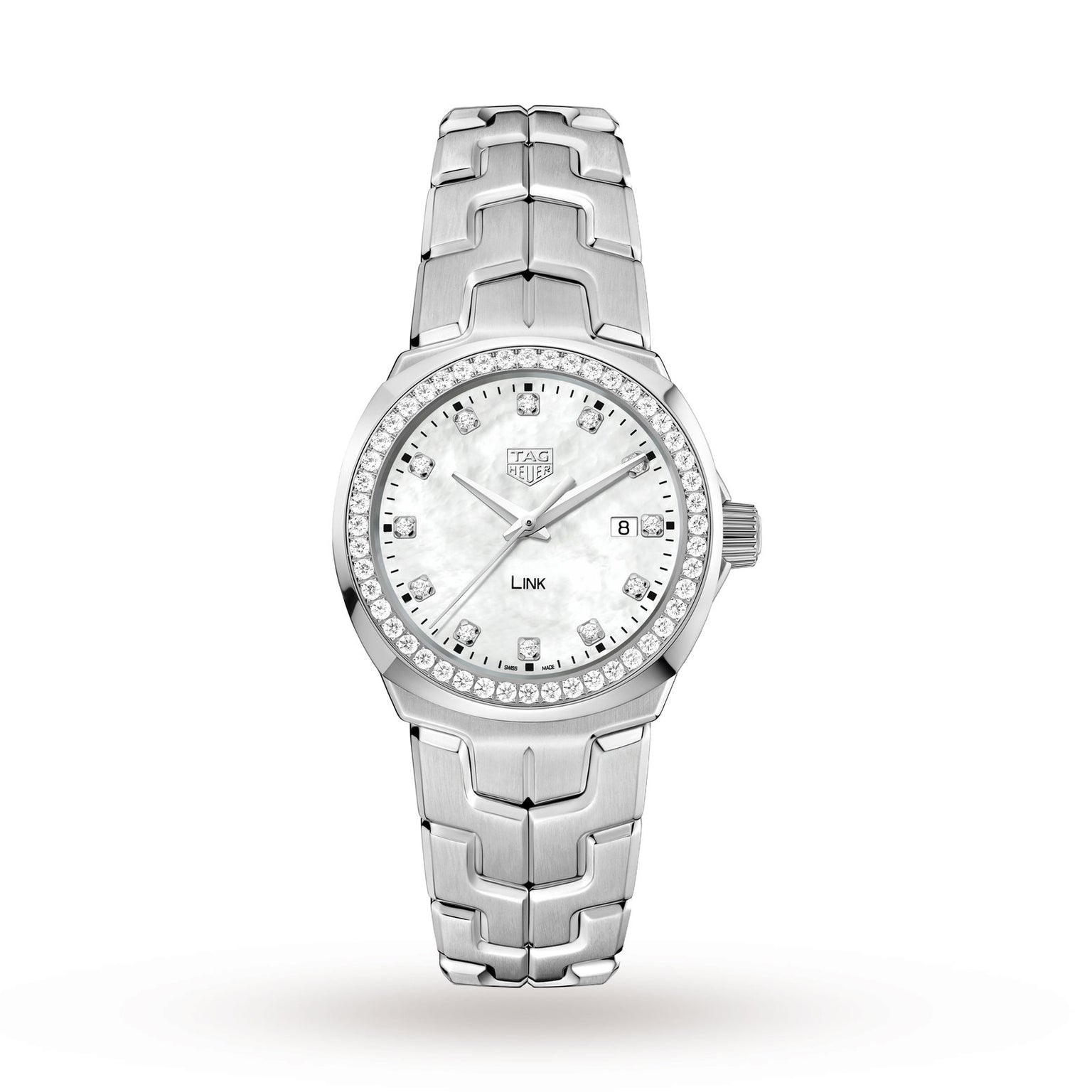 A TAG Heuer Link Date wristwatch with a diamond-set bezel, mother-of-pearl dial, date display at 3 o’clock, and stainless steel bracelet is shown on a white background.