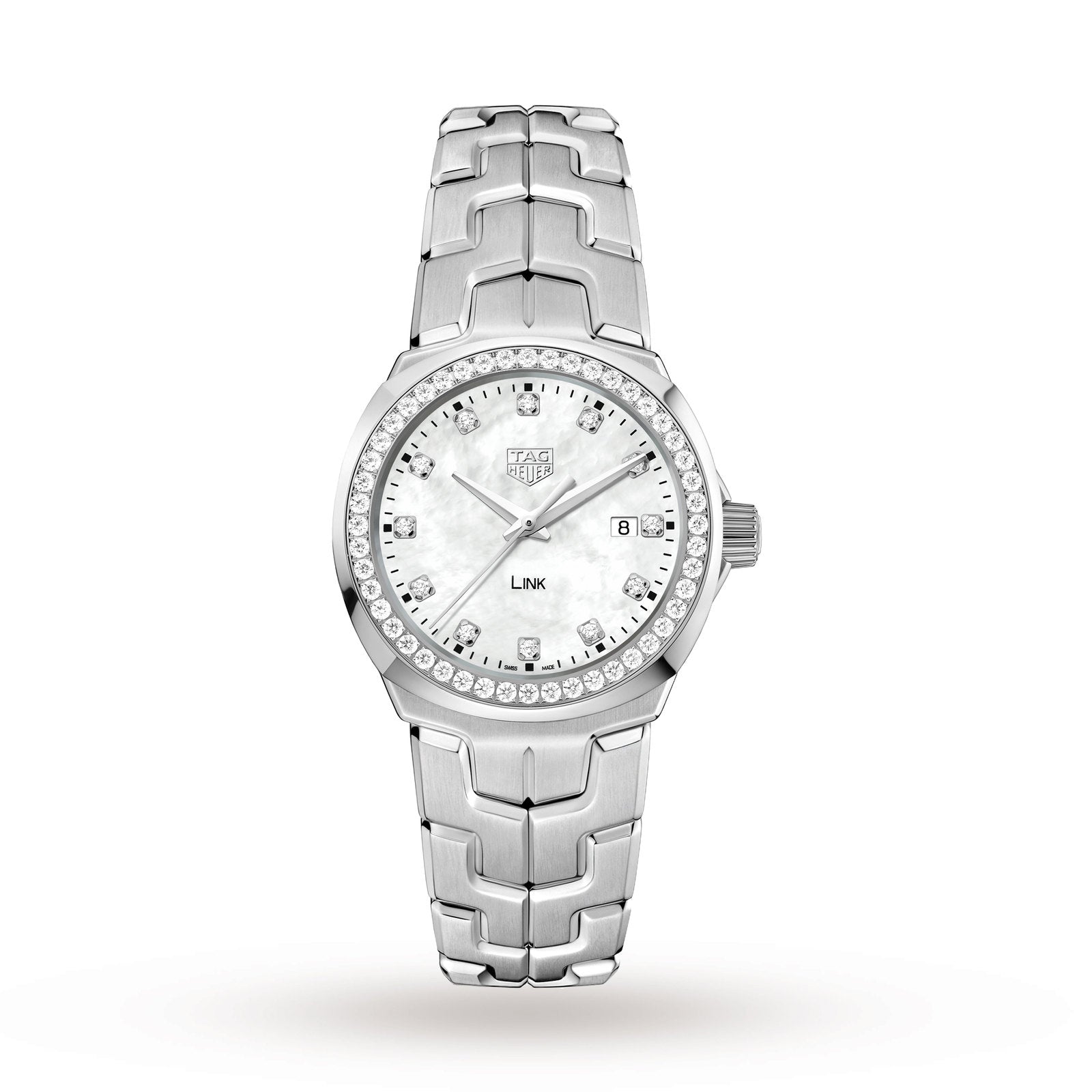 A TAG Heuer Link Date wristwatch with a diamond-set bezel, mother-of-pearl dial, date display at 3 o’clock, and stainless steel bracelet is shown on a white background.