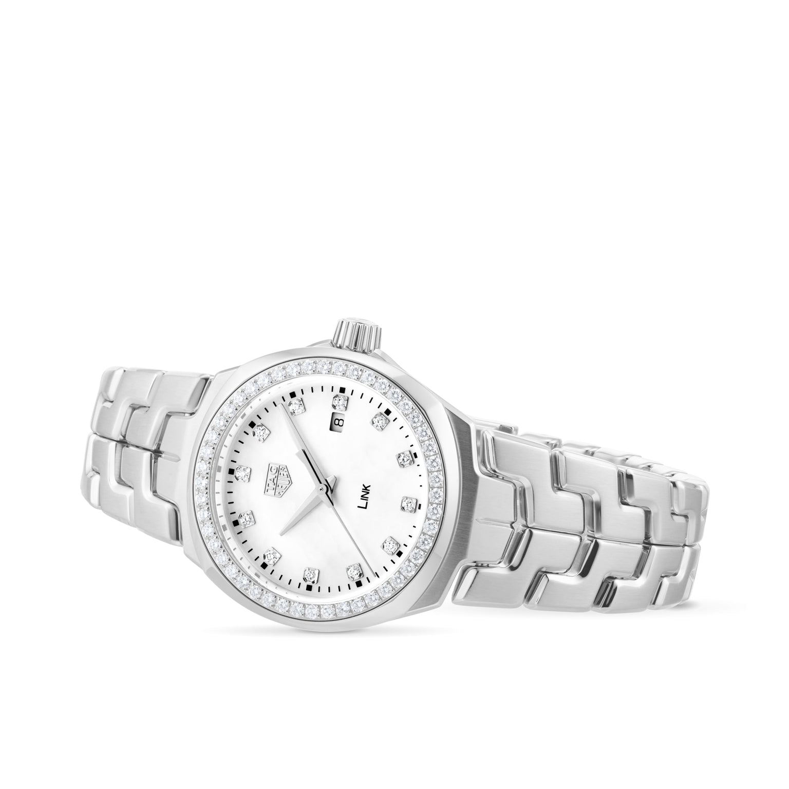 TAG Heuer Link Date luxury wristwatch with silver metal link band, mother-of-pearl round dial, diamond hour markers, and a diamond-set bezel displayed angled on a white background.