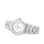 TAG Heuer Link Date luxury wristwatch with silver metal link band, mother-of-pearl round dial, diamond hour markers, and a diamond-set bezel displayed angled on a white background.
