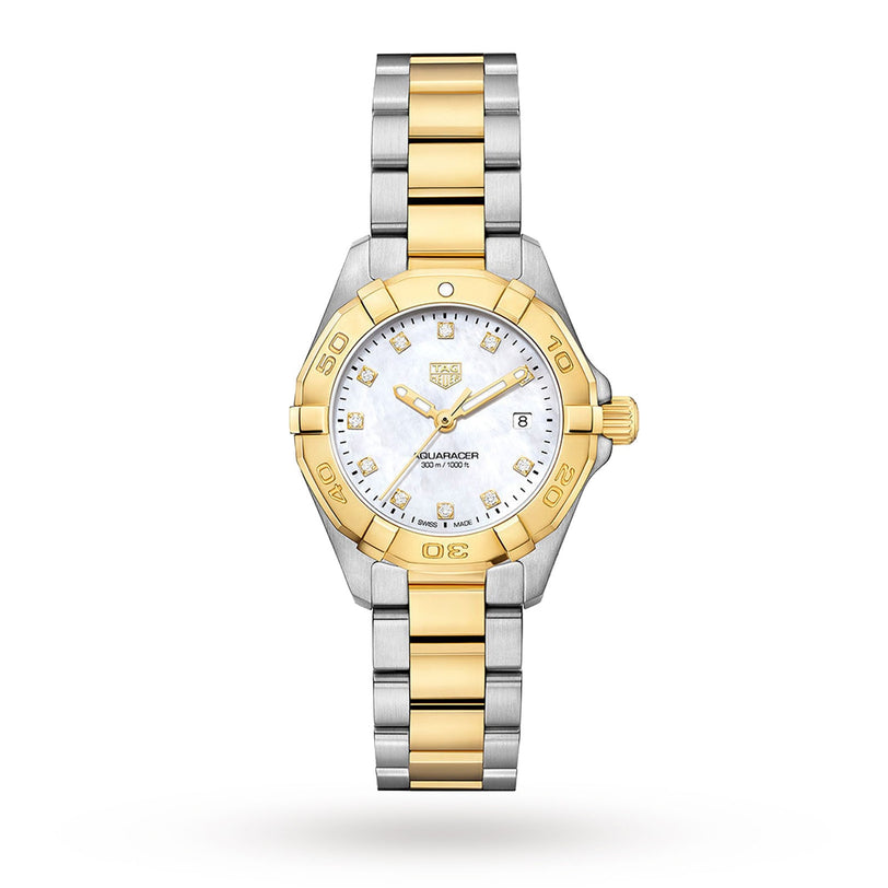 The TAG Heuer Aquaracer Date is a two-tone 18K gold and stainless steel wristwatch featuring a white dial, diamond hour markers, date display, and a linked bracelet.