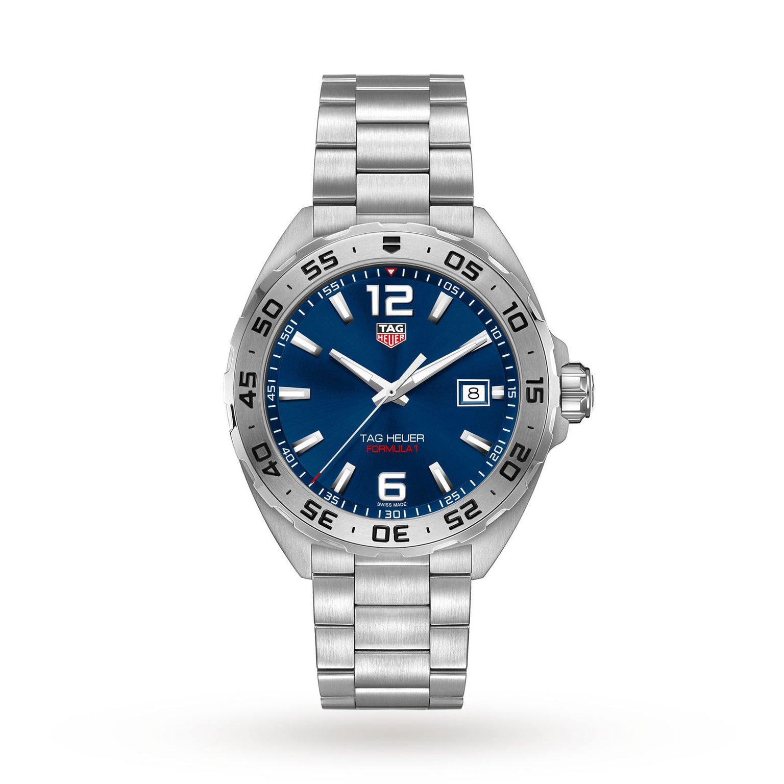 The TAG Heuer Formula 1 Date watch features a stainless steel case, blue dial, silver hour markers, date display at 3 o’clock, and a matching silver metal bracelet.