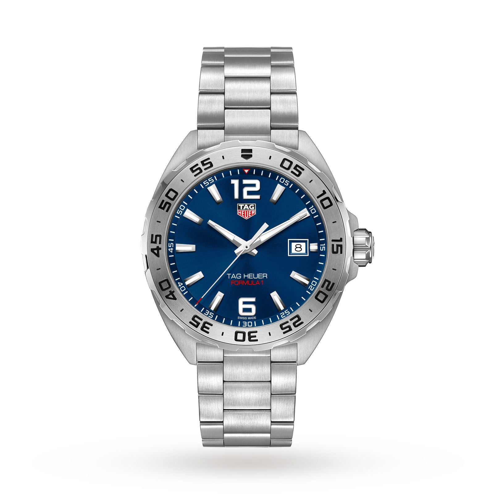The TAG Heuer Formula 1 Date watch features a stainless steel case, blue dial, silver hour markers, date display at 3 o’clock, and a matching silver metal bracelet.
