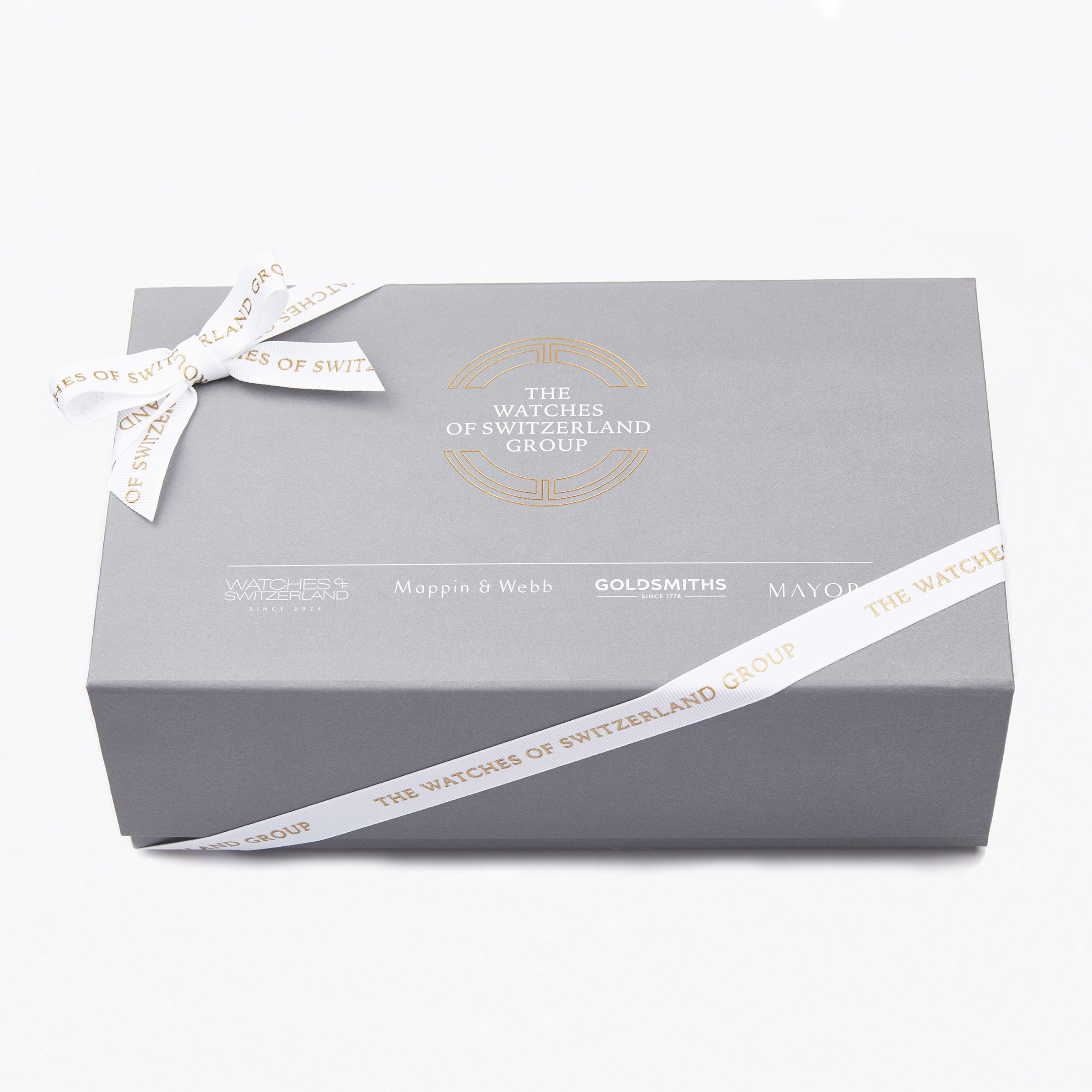 A grey gift box with The Watches of Switzerland Group logo, branded ribbon, and Goldsmiths, Mappin & Webb, and Mayors names on the lid—ideal packaging for a TAG Heuer Aquaracer Date sports watch.