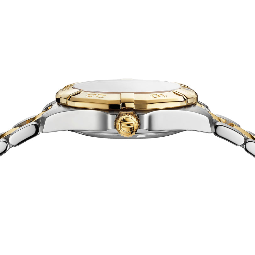 Side view of the TAG Heuer Aquaracer Date, showcasing its two-tone stainless steel and gold bezel and bracelet, sleek crown, smooth profile, and sophisticated mother-of-pearl dial.