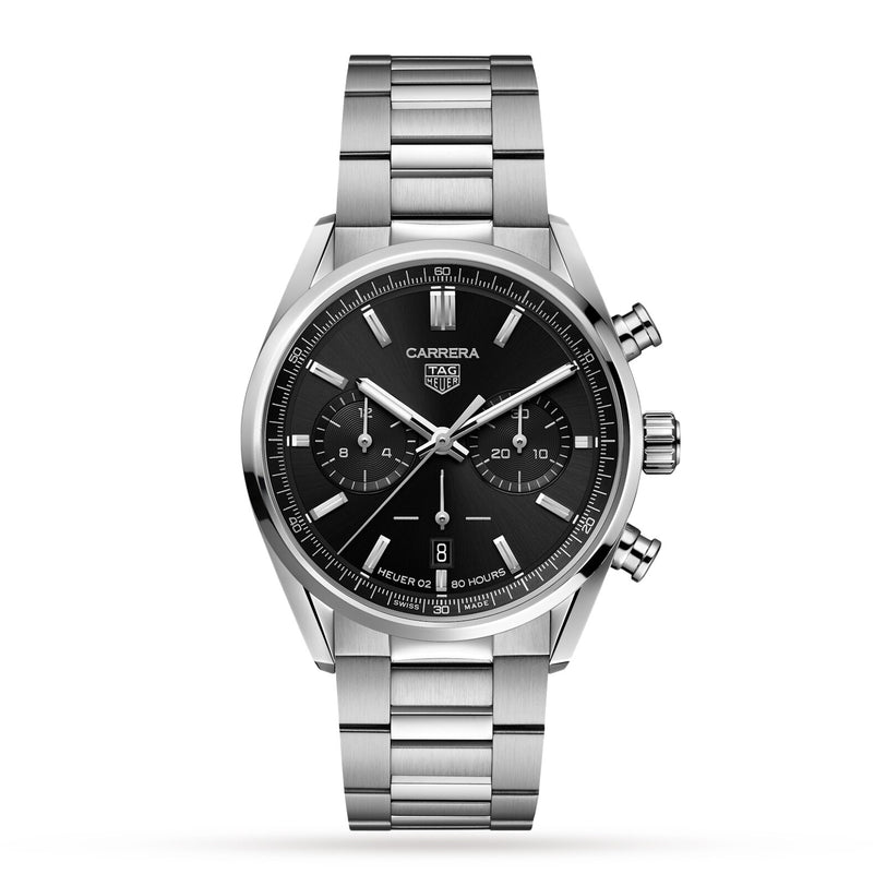 The TAG Heuer Carrera Chronograph is a stainless steel wristwatch with a black dial, three subdials, metal bracelet, and Heuer 02 movement, reflecting motor-racing heritage and shown on a white background.