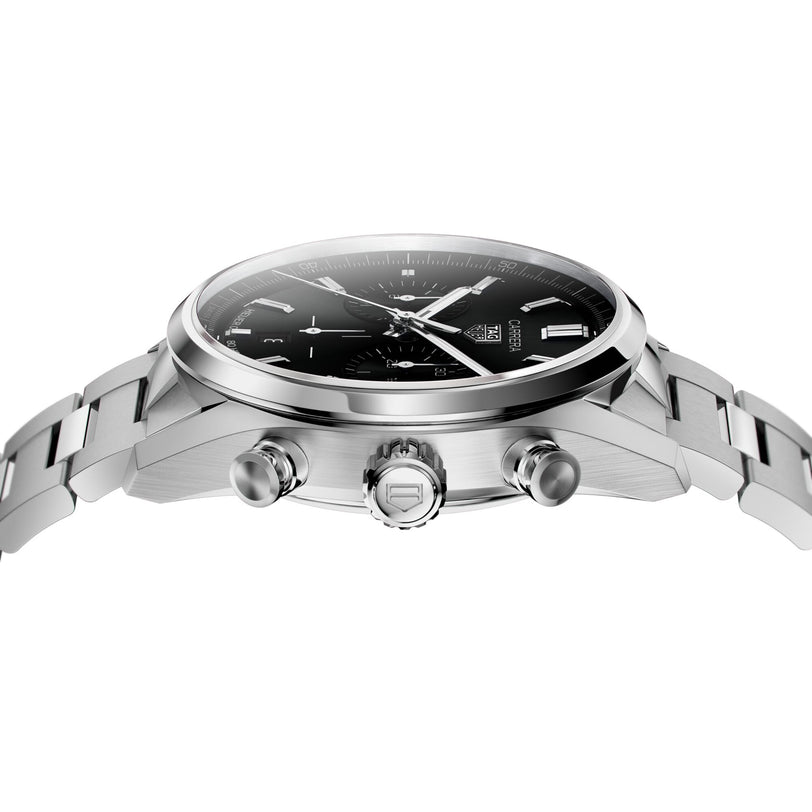 Side view of the TAG Heuer Carrera Chronograph, featuring a stainless steel case, black dial with three subdials, two pushers by the crown, and a metal bracelet—highlighting its motor-racing heritage.