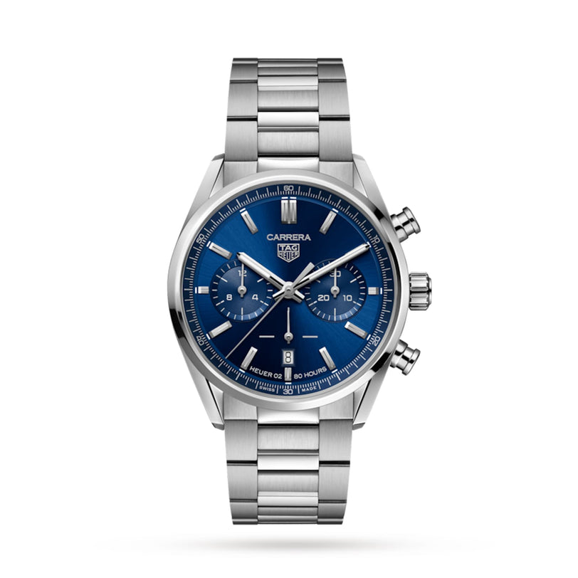 The TAG Heuer Carrera Chronograph features a blue dial with three subdials and a stainless steel bracelet, highlighting its motor-racing design against a white background.