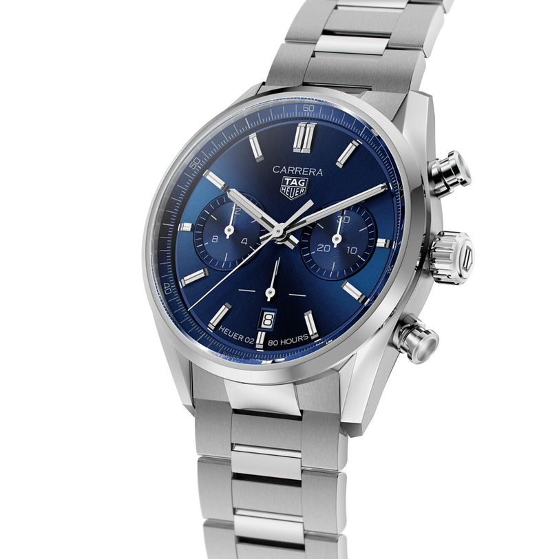 Inspired by TAG Heuer’s motor-racing heritage, the Carrera Chronograph features a blue dial, two subdials, a date display at 6 o’clock, and a stainless steel bracelet.