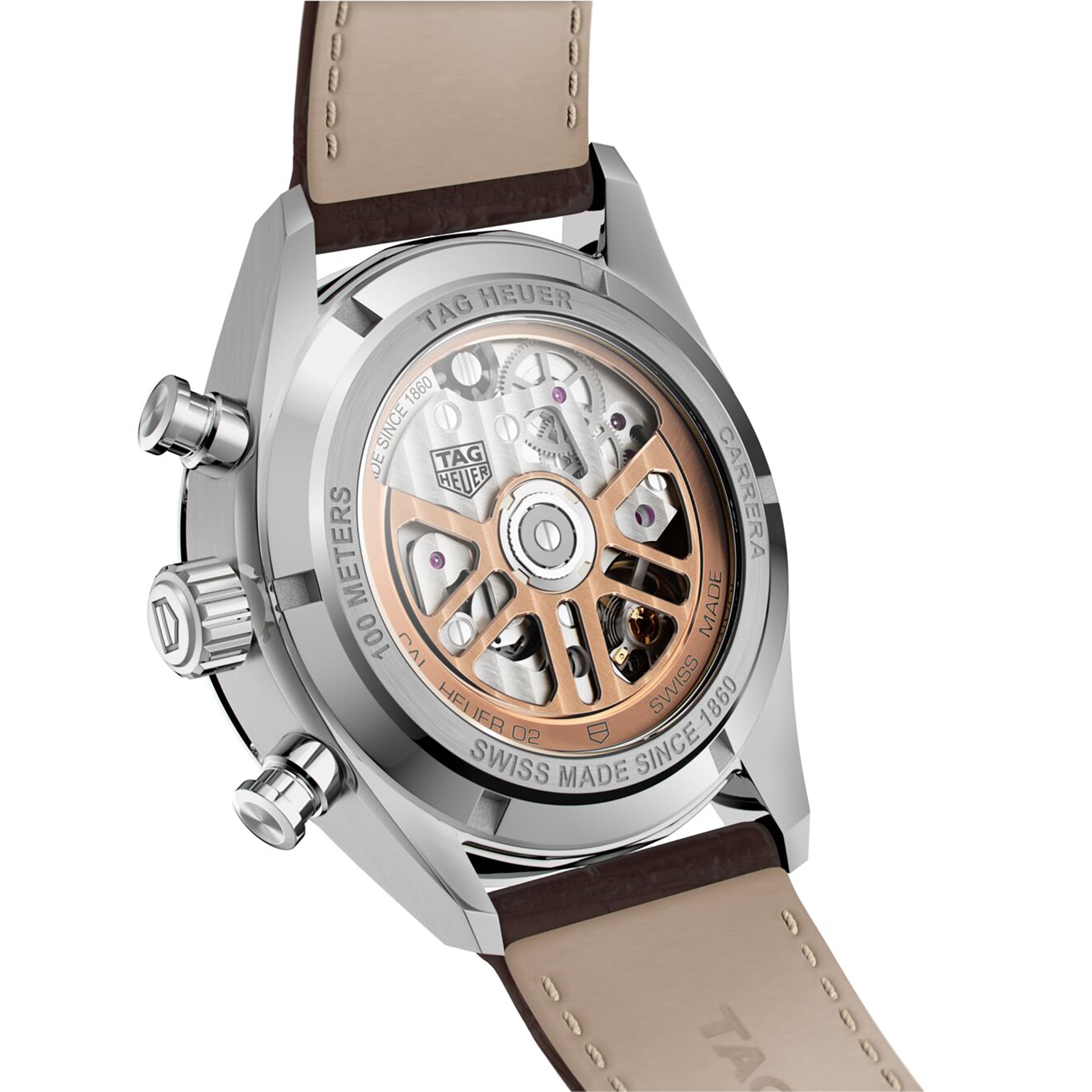 Close-up of the back of a TAG Heuer Carrera Chronograph, showcasing its automatic movement and rotor visible through the transparent case back.