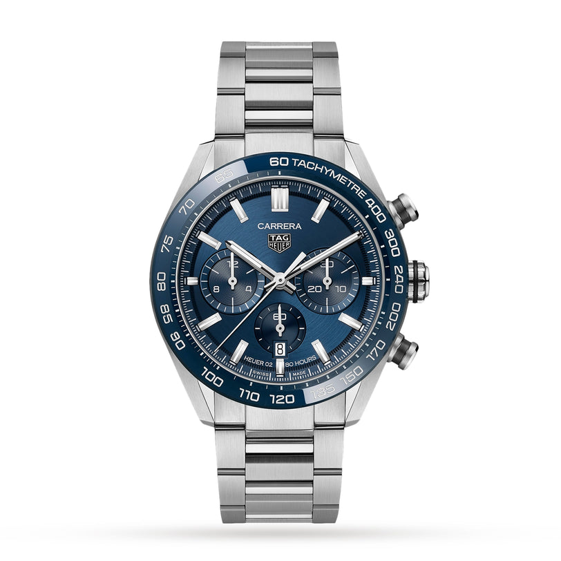 The TAG Heuer Carrera Chronograph features a stainless steel case, blue dial with three sub-dials, date window, tachymeter bezel, and automatic movement.