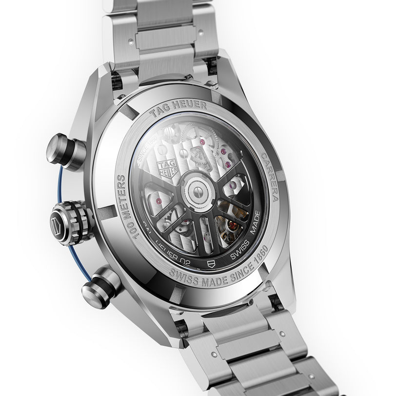Close-up of the Carrera Chronograph by TAG Heuer, highlighting its stainless steel case, transparent caseback, and detailed automatic movement.