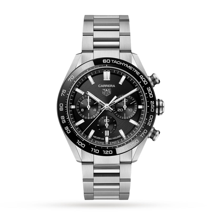 The TAG Heuer Carrera Chronograph features stainless steel, Calibre 02 Automatic movement, black tachymeter bezel and dial, three subdials, date display, and a metal bracelet—celebrating motor-racing heritage.