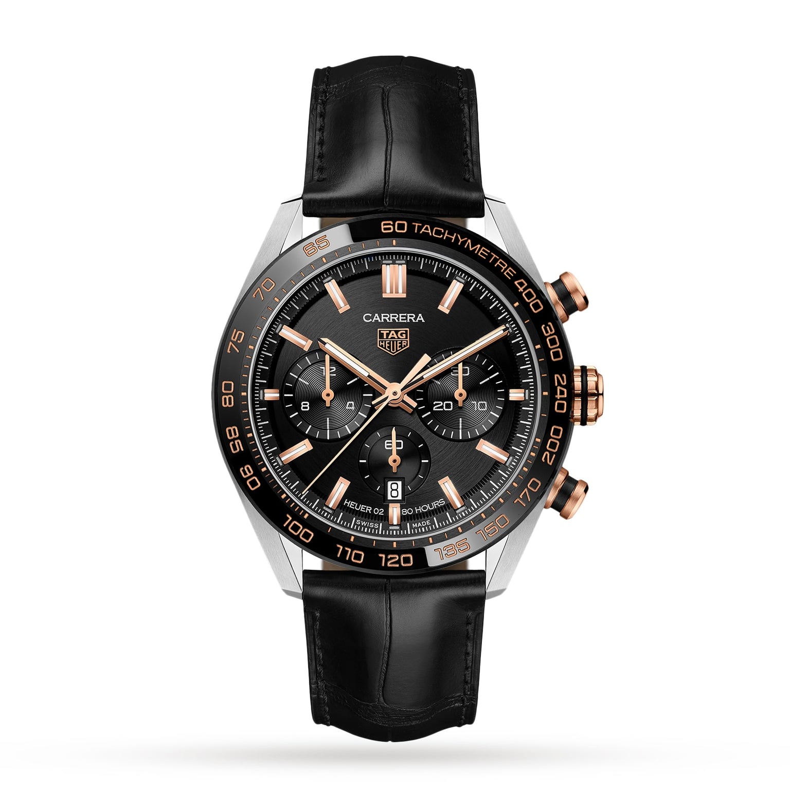 The TAG Heuer Carrera Chronograph features a black dial, gold-tone accents, three subdials, tachymeter scale, black leather strap, and Heuer 02 calibre, highlighting its motor-racing heritage on a white background.