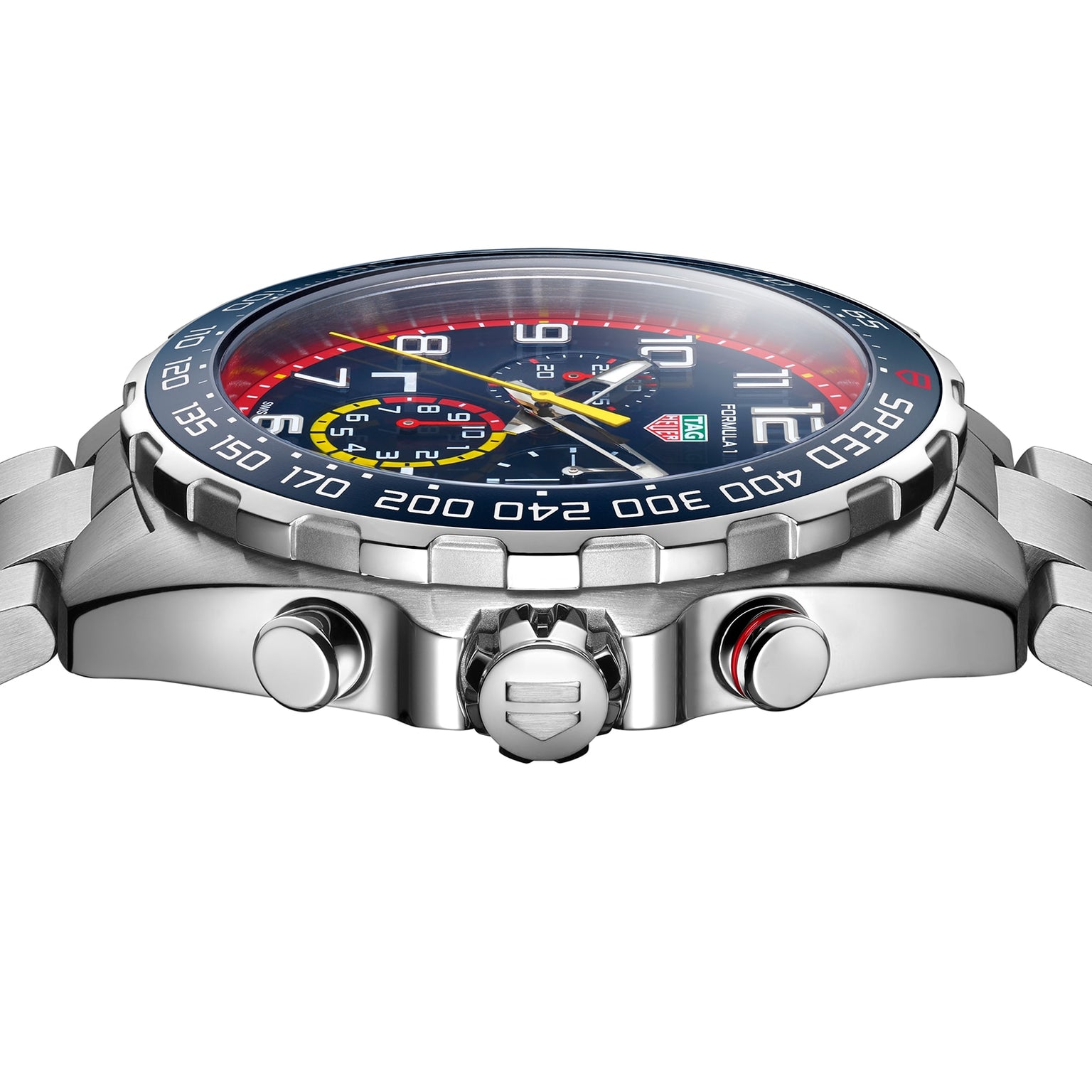 Close-up side view of the TAG Heuer Special Edition Formula 1 Chronograph x Red Bull Racing in stainless steel with a black dial, two pushers, and a textured crown—an iconic piece inspired by Formula 1 engineering.