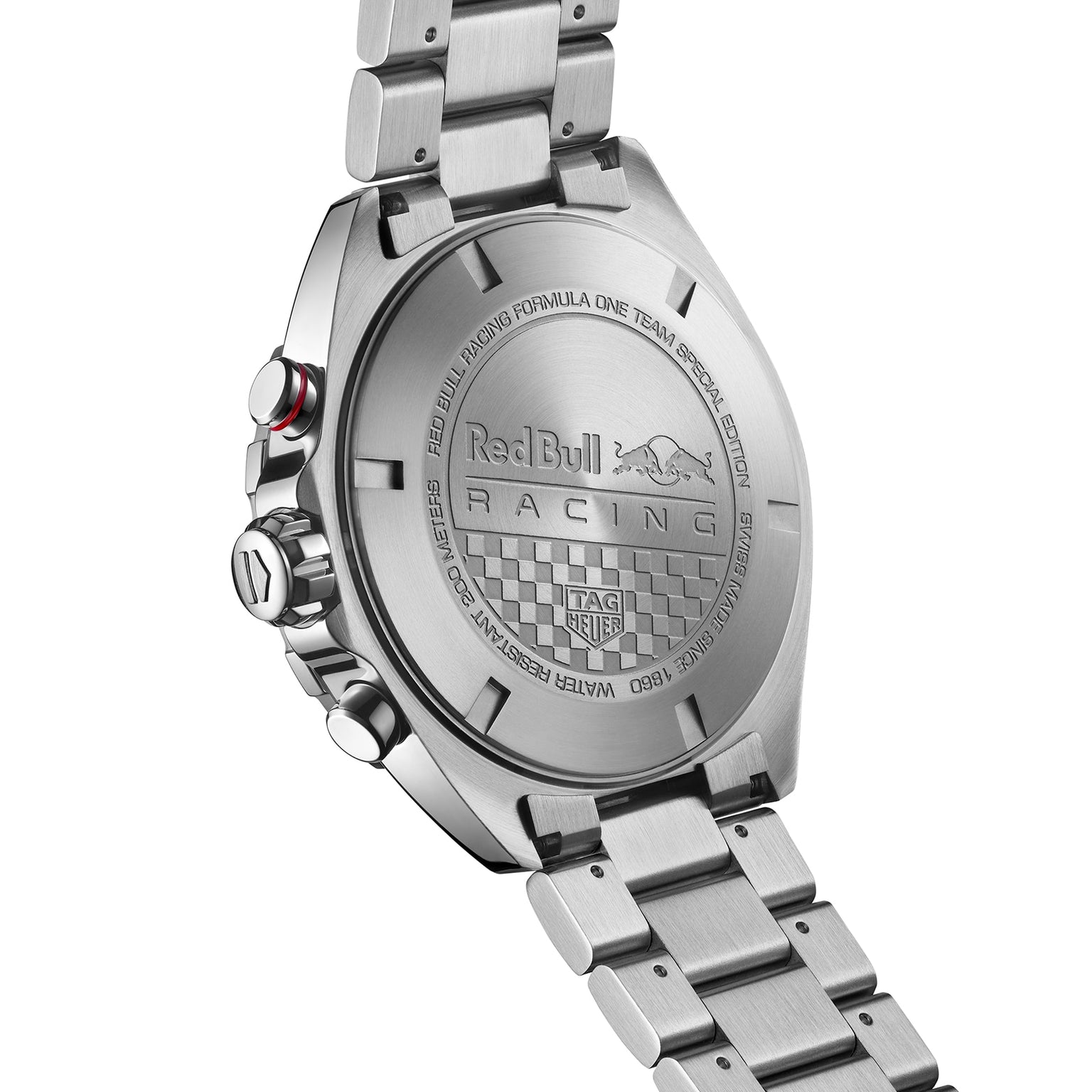 Close-up of the back of a TAG Heuer Special Edition Formula 1 Chronograph x Red Bull Racing, featuring stainless steel and an engraved checkered flag motif.
