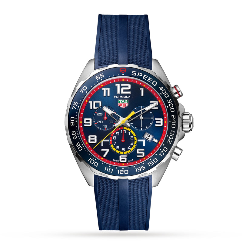 The TAG Heuer Special Edition Formula 1 Chronograph x Red Bull Racing features a blue strap, colorful accents, and three subdials.