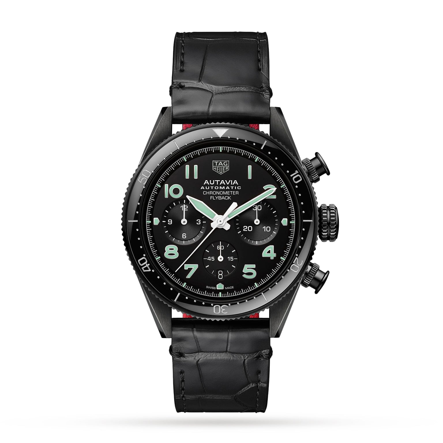 The TAG Heuer Autavia Flyback Chronometer is a black automatic pilot’s watch with a chronograph dial, three subdials, white hands, and a black leather strap, featuring the calibre 02 Flyback movement. Shown on a white background.