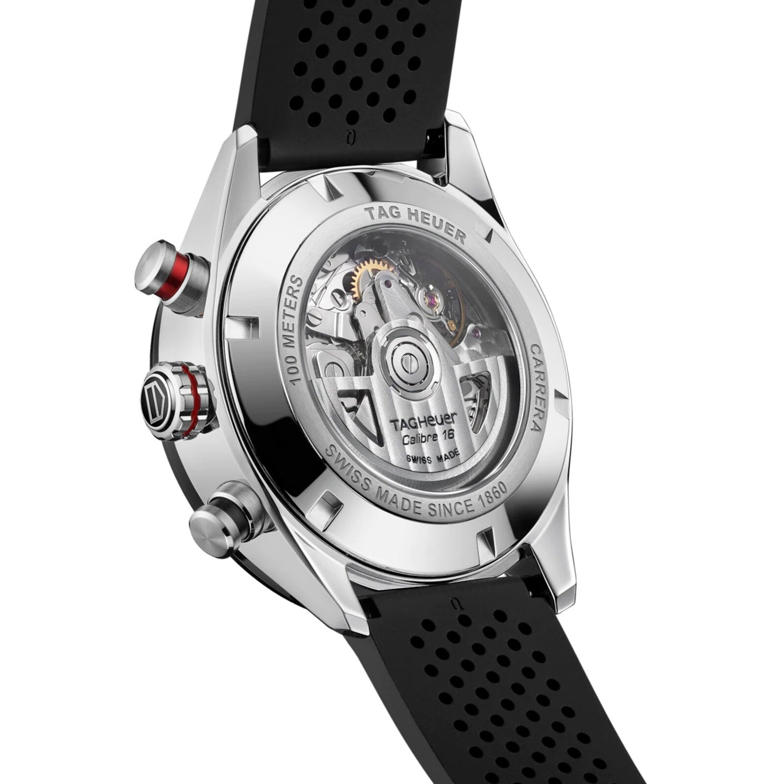 Close-up of the back of a TAG Heuer Carrera Chronograph, highlighting its movement, Carrera branding, and black perforated rubber strap engineered for endurance.