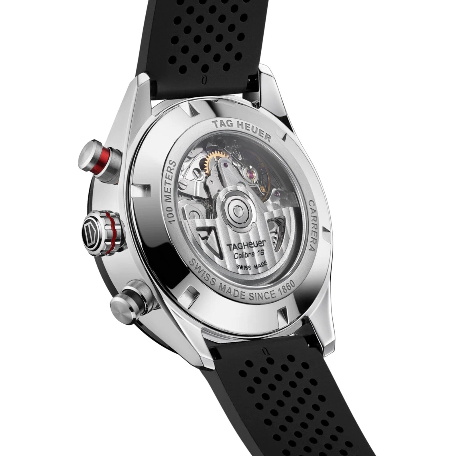 Close-up of the back of a TAG Heuer Carrera Chronograph, highlighting its movement, Carrera branding, and black perforated rubber strap engineered for endurance.