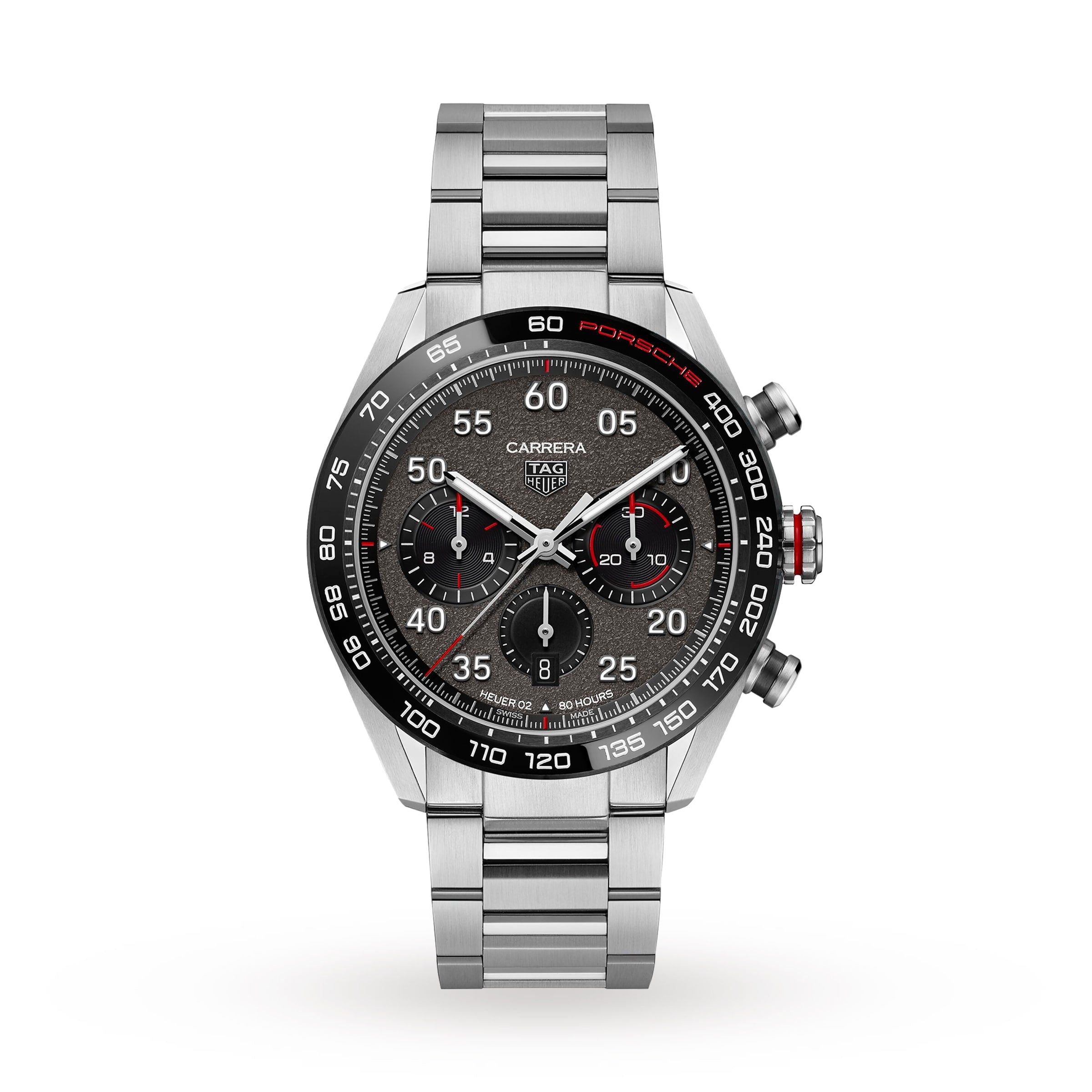 The TAG Heuer Special Edition Carrera Chronograph x Porsche features a stainless steel case, black dial with three subdials, and silver bracelet, shown on a white background.